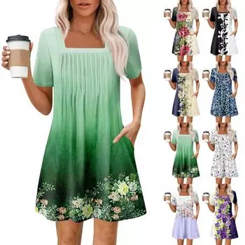 Женские летние повседневные платья с квадратным вырезом, плиссировкой спереди и карманом, с короткими рукавами и принтом S