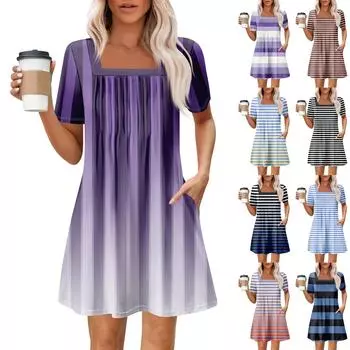 Женские летние повседневные платья с квадратным вырезом, плиссировкой спереди и карманом, с короткими рукавами и принтом XXL фиолетовый