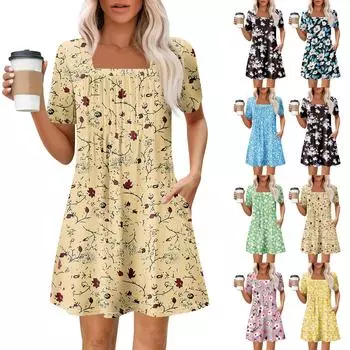 Женские летние повседневные платья с квадратным вырезом, плиссировкой спереди и карманом, с короткими рукавами и принтом XXL чёрный