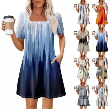 Женские летние повседневные платья с квадратным вырезом, плиссировкой спереди и карманом, с короткими рукавами и принтом XXL шафрановый