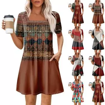 Женские летние повседневные платья с квадратным вырезом, плиссировкой спереди и карманом, с короткими рукавами и принтом XXL