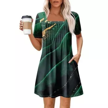 Женские летние повседневные платья с квадратным вырезом, плиссировкой спереди и карманом, с короткими рукавами и принтом S
