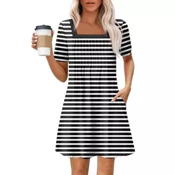 Женские летние повседневные платья с квадратным вырезом, плиссировкой спереди и карманом, с короткими рукавами и принтом S
