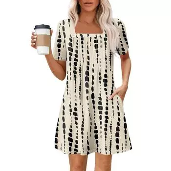 Женские летние повседневные платья с квадратным вырезом, плиссировкой спереди и карманом, с короткими рукавами и принтом S хаки