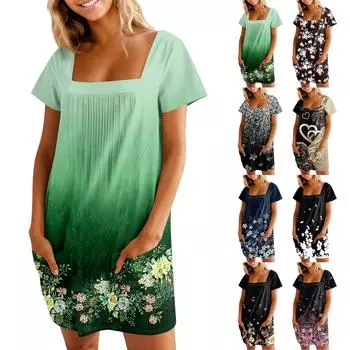 Женские летние повседневные платья с квадратным вырезом, плиссировкой спереди и карманом, с короткими рукавами и принтом S серебряный