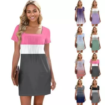 Женские летние повседневные платья с квадратным вырезом, плиссировкой спереди и карманом, с короткими рукавами и принтом M