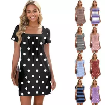 Женские летние повседневные платья с квадратным вырезом, плиссировкой спереди и карманом, с короткими рукавами и принтом M розовый