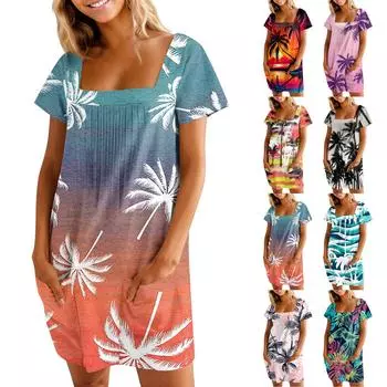 Женские летние повседневные платья с квадратным вырезом, плиссировкой спереди и карманом, с короткими рукавами и принтом XXL