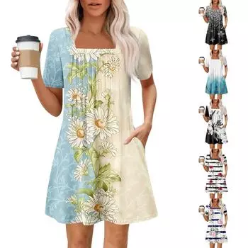 Женские летние повседневные платья с квадратным вырезом, плиссировкой спереди и карманом, с короткими рукавами и принтом M чёрный