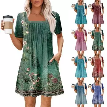 Женские летние повседневные платья с квадратным вырезом, плиссировкой спереди и карманом, с короткими рукавами и принтом XXXL синий