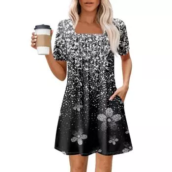 Женские летние повседневные платья с квадратным вырезом, плиссировкой спереди и карманом, с короткими рукавами и принтом S