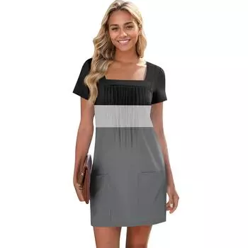 Женские летние повседневные платья с квадратным вырезом, плиссировкой спереди и карманом, с короткими рукавами и принтом S