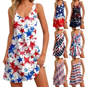 Женские летние повседневные платья с принтом «День независимости» и карманами XXL синий