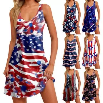 Женские летние повседневные платья с принтом «День независимости» и карманами M винный
