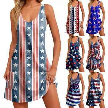 Женские летние повседневные платья с принтом «День независимости» и карманами M красный