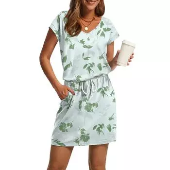 Женские летние повседневные платья с V-образным вырезом и коротким рукавом, на завязках, с карманами, в винтажном стиле с цветочным принтом M