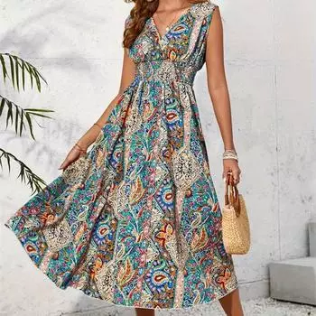 Женские летние повседневные платья с v-образным вырезом и бретелькой без рукавов с принтом S синий