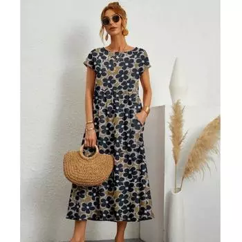 Женские летние повседневные платья в модном стиле с коротким рукавом и принтом с круглым вырезом и карманами S