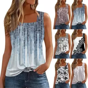 Женские летние повседневные плиссированные топы без рукавов с квадратным вырезом и принтом