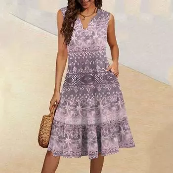 Женские летние повседневные плиссированные винтажные платья без рукавов с V-образным вырезом и оборками XL розовый