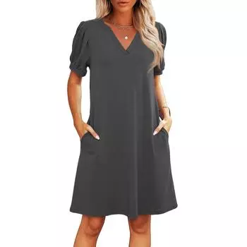 Женские летние повседневные пляжные платья с V-образным вырезом, платья с коротким рукавом, однотонные платья S