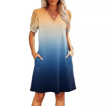 Женские летние повседневные пляжные платья с V-образным вырезом, платья с коротким рукавом-подом с градиентным принтом XL