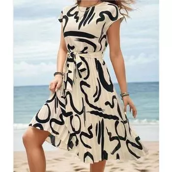 Женские летние повседневные праздничные платья с круглым вырезом и коротким рукавом с принтом S чёрный