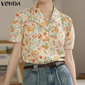 Женские летние повседневные рубашки VONDA с короткими рукавами и принтом, топы