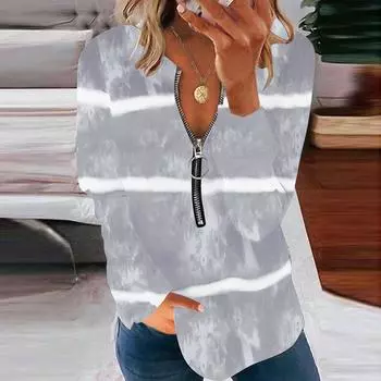 Женские летние повседневные сексуальные топы с V-образным вырезом, принтом и молнией, с длинными рукавами XXL