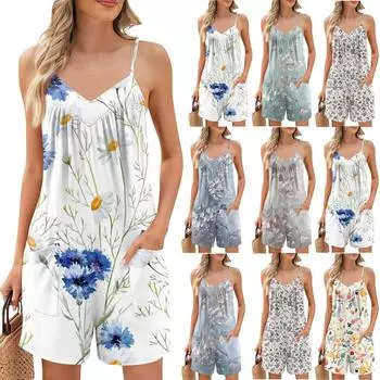 Женские летние повседневные шорты-комбинезоны, модные повседневные шорты-комбинезоны без рукавов с принтом и карманами L бежевый