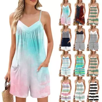 Женские летние повседневные шорты-комбинезоны, модные повседневные шорты-комбинезоны без рукавов с принтом и карманами L чёрный