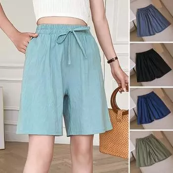 Женские летние повседневные шорты с эластичной резинкой на талии и карманами на шнурке, однотонные свободные короткие брюки с широкими штанинами, уличная одежда M чёрный