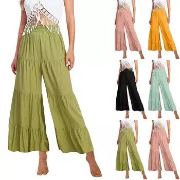 Женские летние повседневные свободные брюки из хлопка и льна с высокой талией и широкими штанинами L чёрный