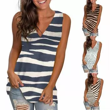 Женские летние повседневные свободные футболки без рукавов с v-образным вырезом и принтом, топы на бретелях L синий