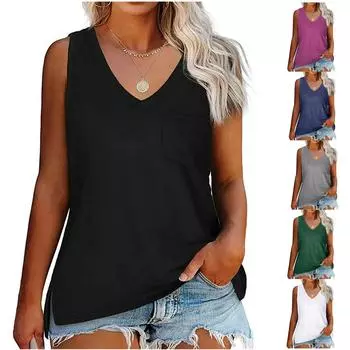 Женские летние повседневные свободные футболки без рукавов с v-образным вырезом и принтом, топы на бретелях L чёрный