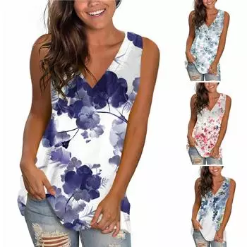 Женские летние повседневные свободные футболки без рукавов с v-образным вырезом и принтом, топы на бретелях XXXXXL синий