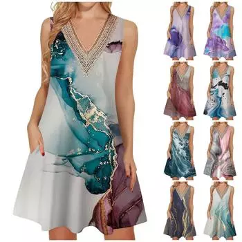 Женские летние повседневные свободные платья без рукавов с v-образным вырезом и кружевным платьем-майкой L чёрный