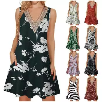 Женские летние повседневные свободные платья без рукавов с v-образным вырезом и кружевным платьем-майкой L чёрный