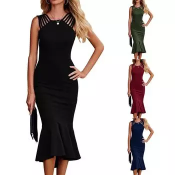 Женские летние повседневные свободные платья-футболки, облегающее платье без рукавов с открытой спиной L чёрный