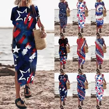 Женские летние повседневные свободные платья с круглым вырезом и принтом ко Дню независимости, пляжные каникулы с разрезом по бокам L чёрный