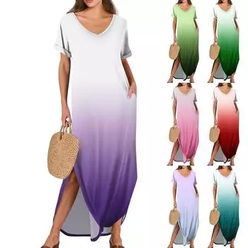 Женские летние повседневные свободные пляжные макси длинные платья с V-образным вырезом и короткими рукавами, модные наряды L циан