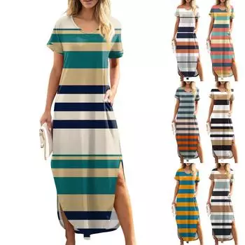 Женские летние повседневные свободные пляжные макси длинные платья с V-образным вырезом и короткими рукавами, модные наряды M