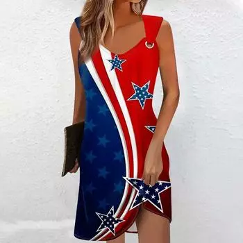 Женские летние повседневные свободные пляжные платья без рукавов с принтом на День независимости и круглым вырезом L винный