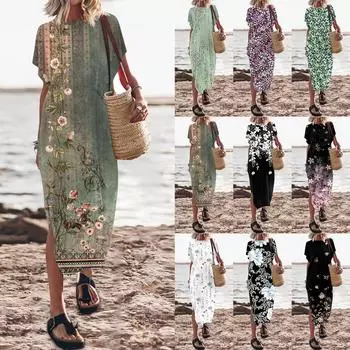 Женские летние повседневные свободные пляжные платья с круглым вырезом и разрезом по бокам L чёрный