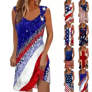 Женские летние повседневные свободные пляжные платья без рукавов с принтом на День независимости и круглым вырезом XXXL