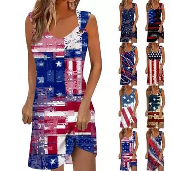 Женские летние повседневные свободные пляжные платья без рукавов с принтом на День независимости и круглым вырезом L