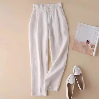 Женские летние повседневные свободные прямые льняные брюки-шаровары M жёлтый