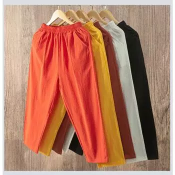 Женские летние повседневные свободные шаровары с эластичной резинкой на талии, хлопковые льняные штаны, девятые брюки