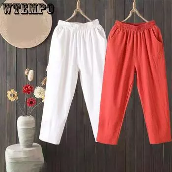 Женские летние повседневные свободные шаровары с эластичной резинкой на талии, хлопковые льняные брюки, девятые брюки