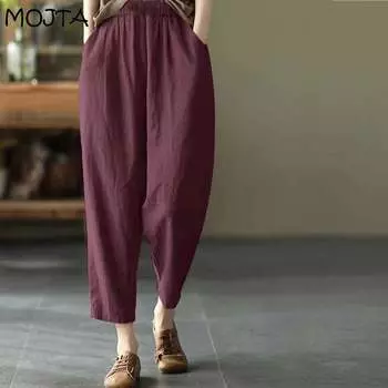 Женские летние повседневные свободные шаровары с эластичной резинкой на талии, хлопковые и льняные тонкие брюки, девятые брюки, большие размеры S